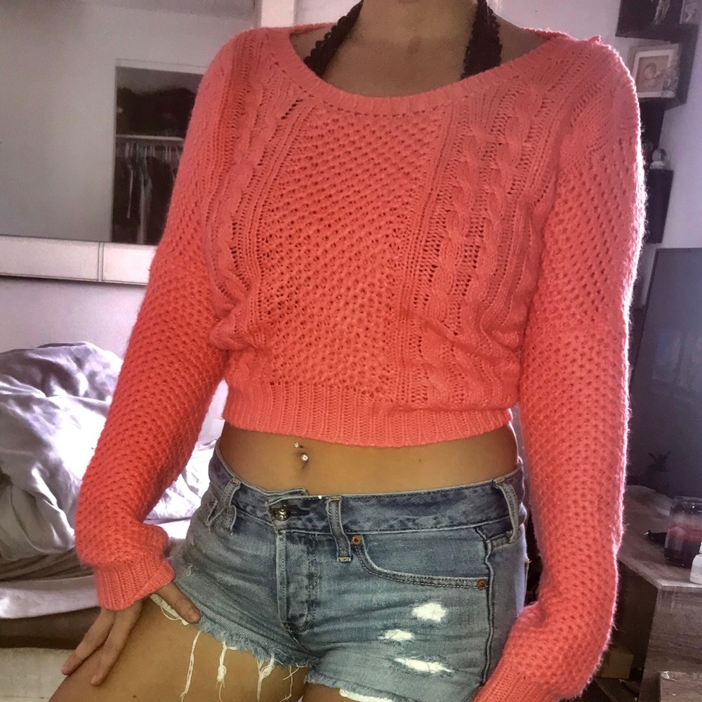 Coral crop top sweater